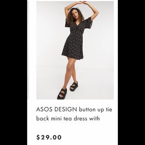 ASOS DESIGN button up tie back mini tea dress with angel sleeve in cherry print